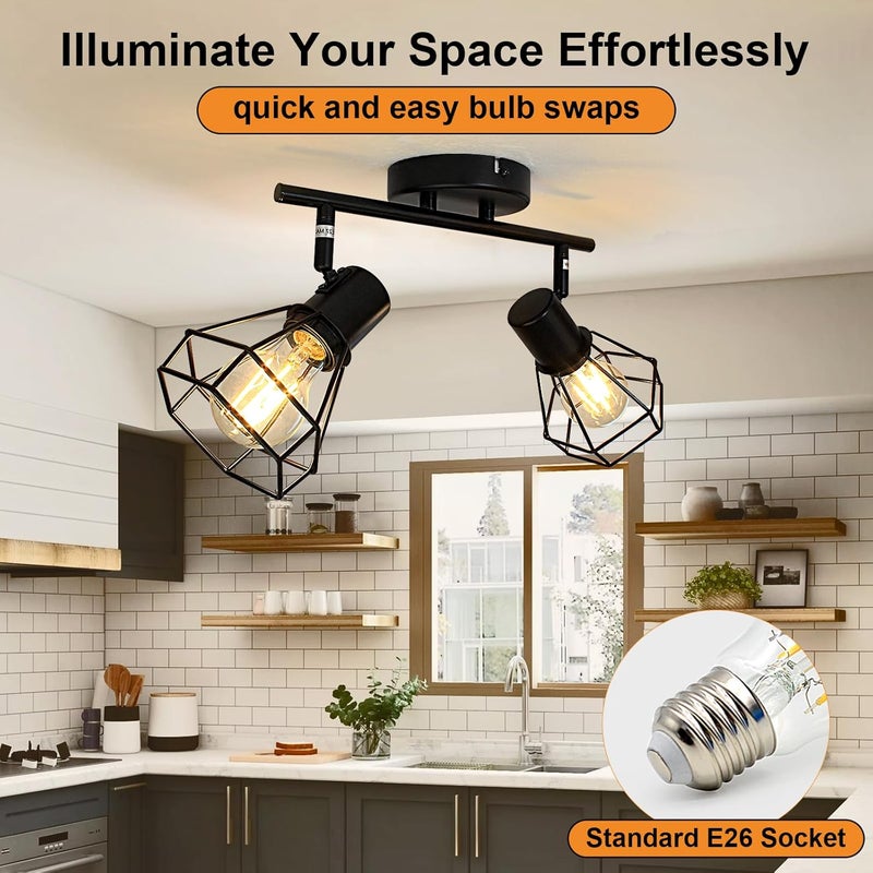 LTBLIGHT LED Track Lighting Kit, 2-Light Directional Ceiling Light Fixture, Black Metal Wire Cage Ceiling Spot Lighting Fitting for Kitchen, Bedroom, Art Wall, E26 Base, Bulbs Not Included - Image 5